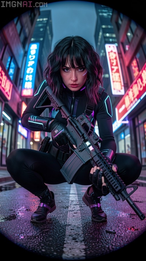 A woman in a black cyberpunk tactical suit with neon blue accents crouches on a wet street holding an assault rifle, surrounded by glowing red and blue neon signs.