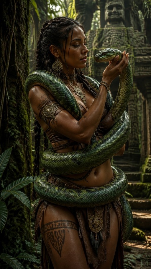 A dark-skinned woman with long braids and tribal jewelry stands in a mossy jungle ruin, gently holding a large green snake wrapped around her body.
