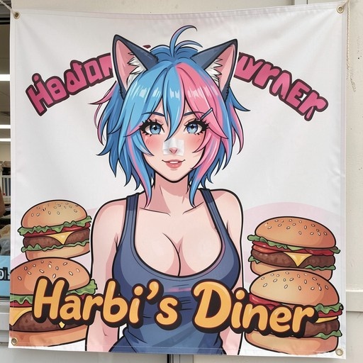 A white banner showing an anime girl with blue and pink hair and cat ears standing between stacks of burgers under the text "Harbi's Diner".