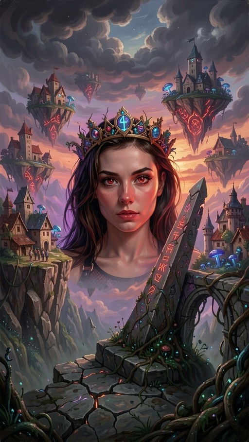 A fantasy portrait of a crowned woman with red eyes holding a rune-etched sword against a backdrop of floating castles and mushrooms in the sky.