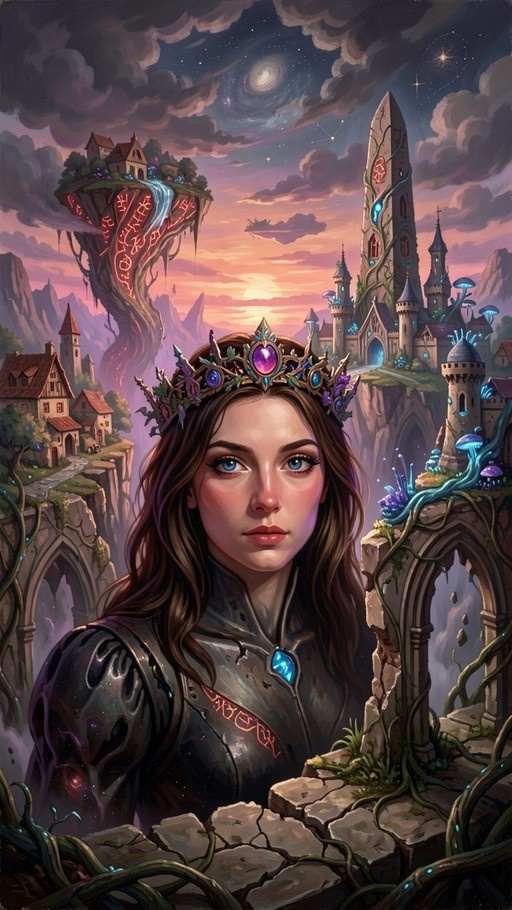 A young woman with brown hair and blue eyes wearing a jeweled crown and armor stands in the foreground of a fantasy landscape with a floating island and castle under a starry sky.