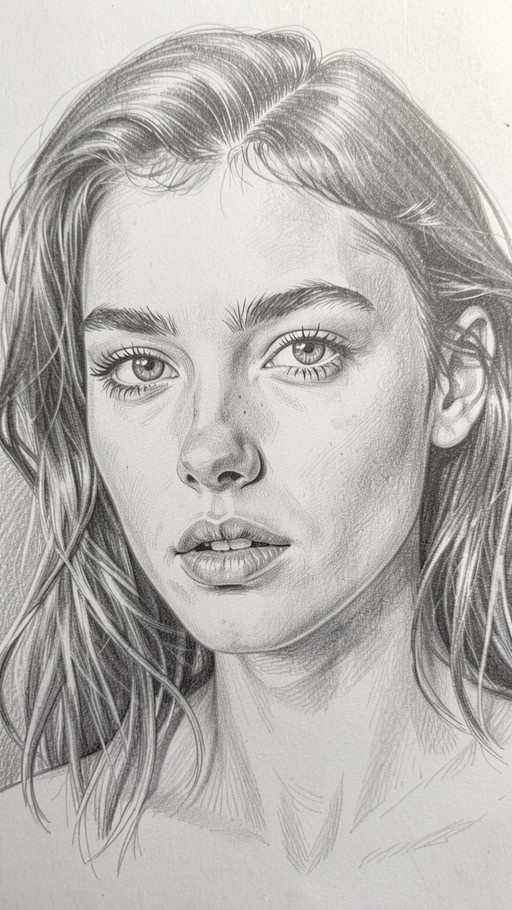 A realistic monochrome pencil sketch of a young woman with long hair looking directly forward, featuring detailed shading and slightly parted lips.