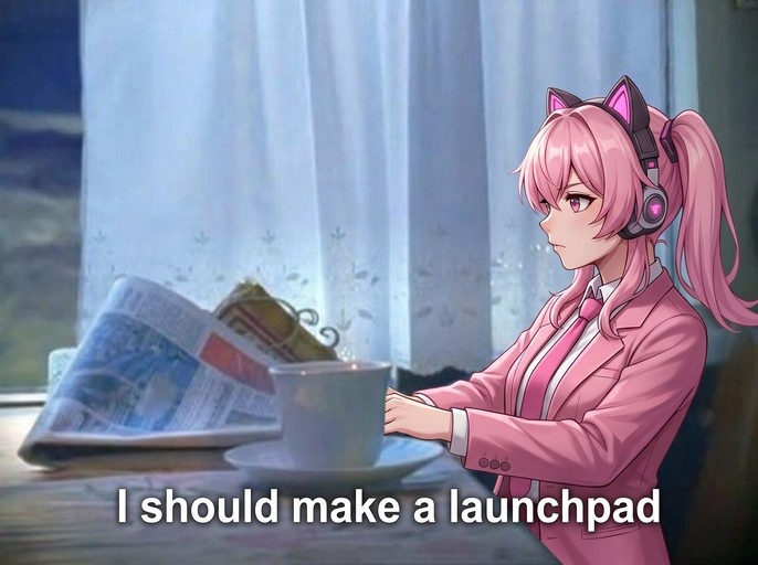 An anime girl with pink hair and cat-ear headphones in a business suit holds a teacup near a window, with the text "I should make a launchpad" displayed below.
