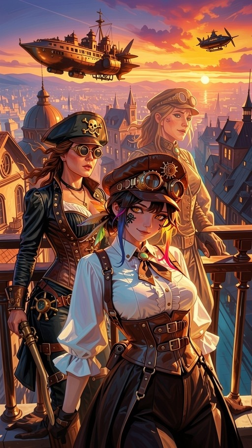 Three women in steampunk attire standing on a balcony overlooking a city with an airship in the sky at sunset.