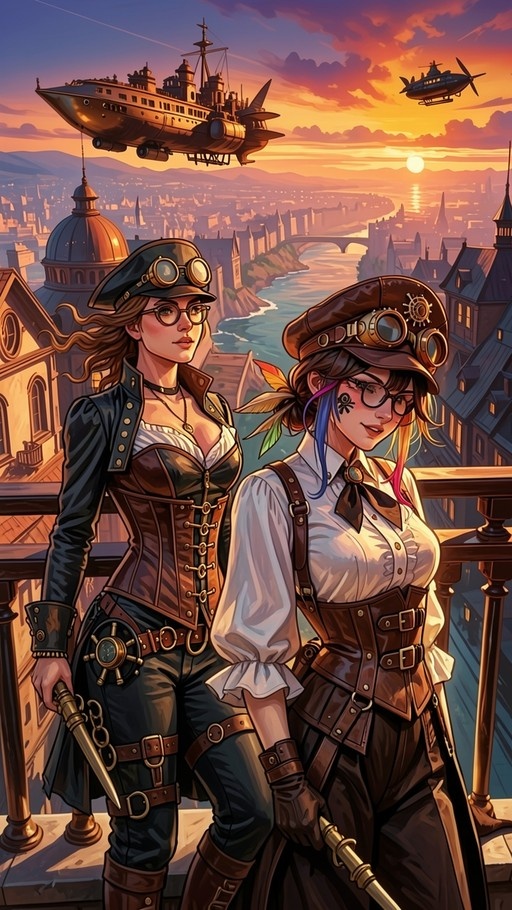 Two women in steampunk attire with goggles and corsets stand on a balcony overlooking a city skyline with an airship flying overhead at sunset.