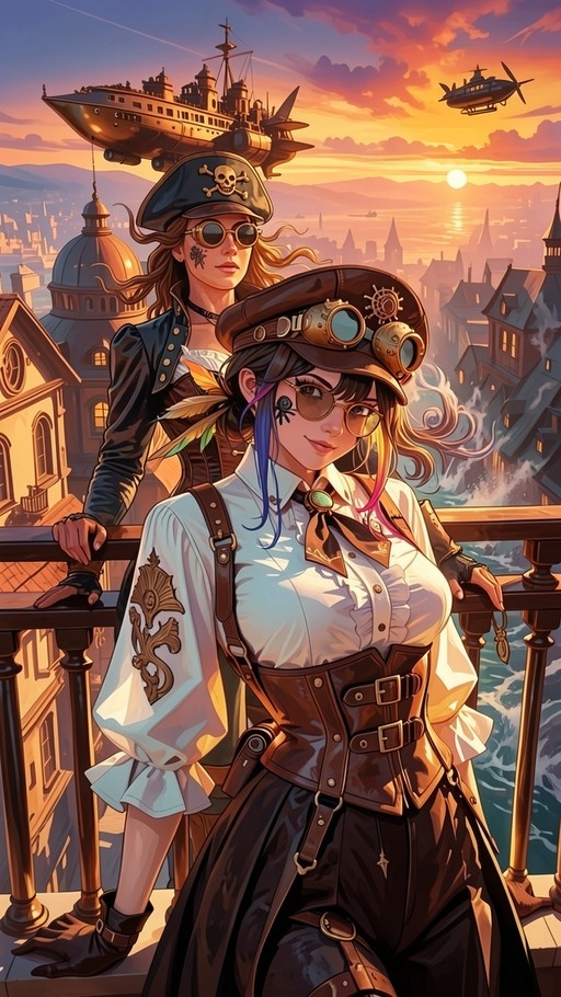 Two women in steampunk clothing stand on a balcony overlooking a city and sea at sunset with an airship flying overhead.