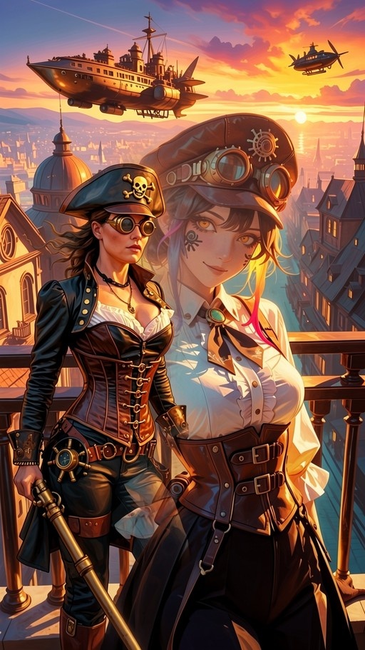 Two steampunk women on a balcony at sunset with airships in the sky