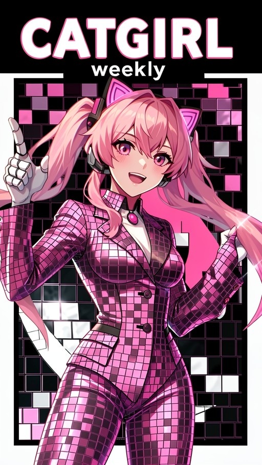 Anime-style illustration of a smiling pink-haired catgirl in a metallic pink plaid suit, wearing headphones and white gloves, posing against a tiled background with the text 'CATGIRL weekly'.