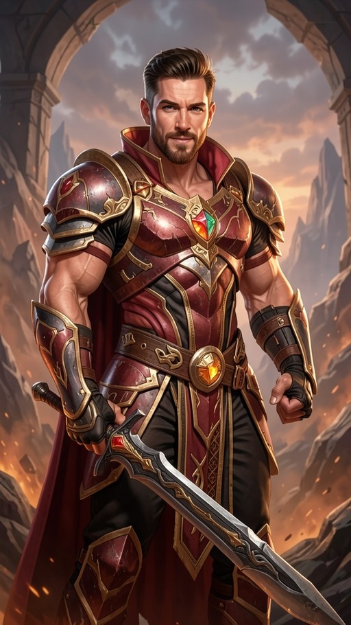 A muscular fantasy warrior with a beard stands holding a large sword, wearing ornate red and gold plate armor with a cape.