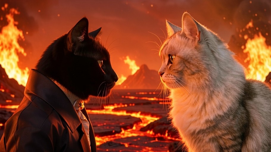 A side-angle view of a black cat wearing a suit and tie facing a fluffy grey cat against a backdrop of lava and fire on Mustafar.