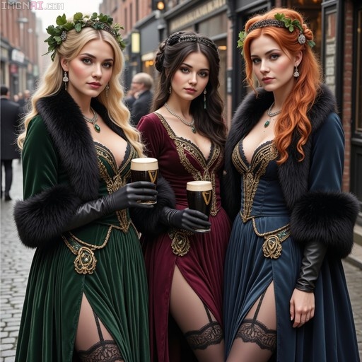 Three elegant women in Victorian velvet gowns and fur capes holding pints of stout on a cobblestone street.
