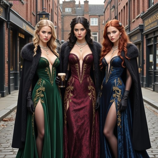 Three women in elegant evening gowns (green, maroon, blue) with fur capes and black gloves standing on a cobblestone street.