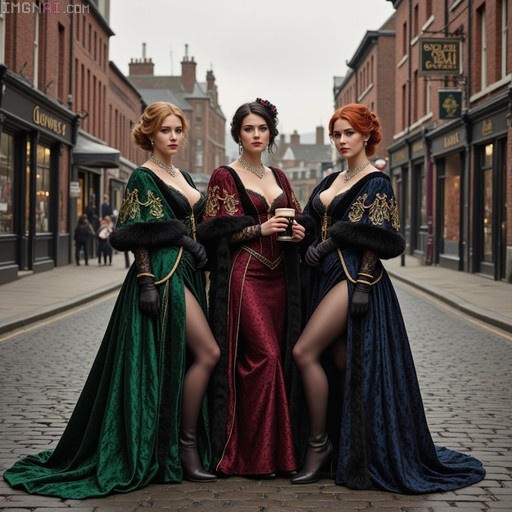 Three women in elaborate velvet gowns with fur stoles standing on a cobblestone street outside brick buildings.