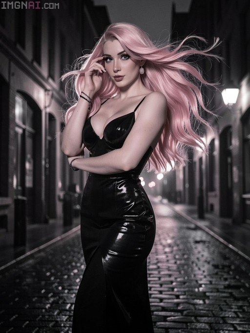 A woman with long flowing pink hair poses in a shiny black dress on a dark cobblestone street at night, styled like a Frank Miller neo-noir photograph.