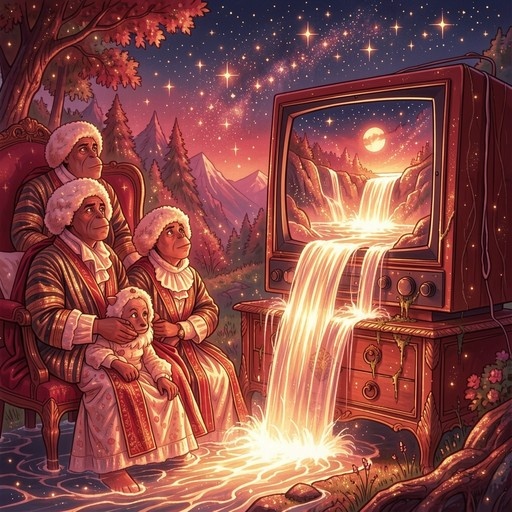 A family sits in a chair outdoors at night watching an old television set that is pouring a glowing waterfall onto the ground.