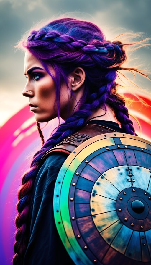A side view of a female warrior with long purple braids holding a large round shield on her back.