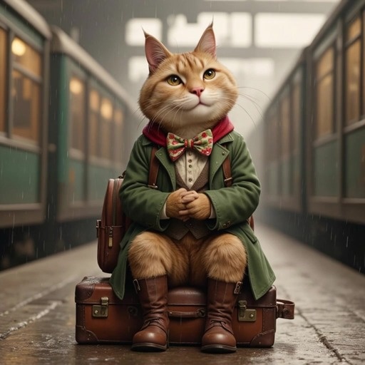 An animated ginger cat in a green jacket and red scarf runs along a train platform, jumps onto a moving carriage, and poses on top of the train.