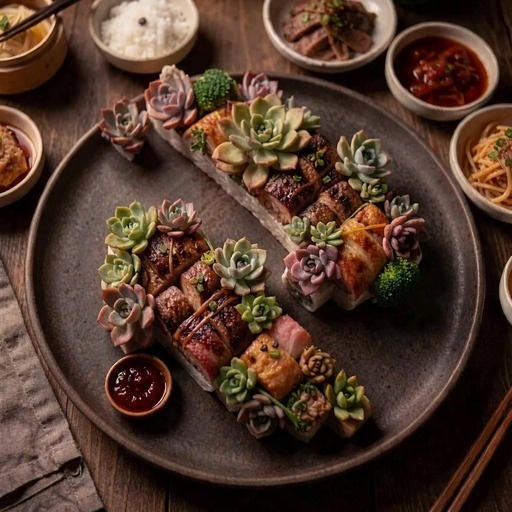 Sushi rolls topped with small succulent plants on a dark plate, with chopsticks picking up a piece to dip in sauce