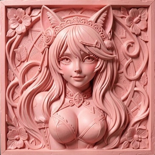 Pink monochrome bas-relief of a smiling anime girl with cat ears and long hair, framed by floral patterns.