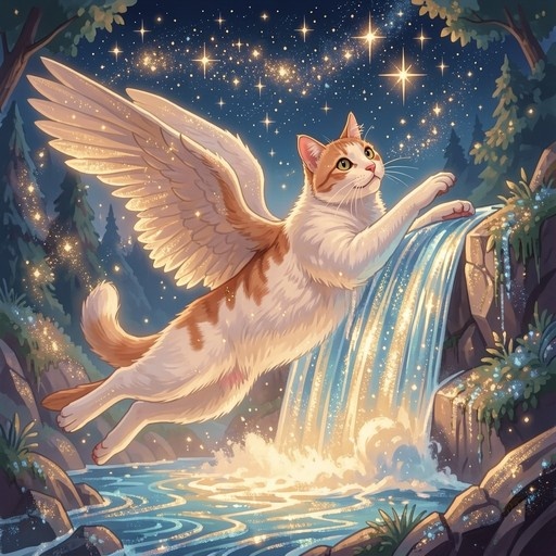 An orange and white cat with large feathery wings flies near a glowing waterfall under a starry night sky in a forest.