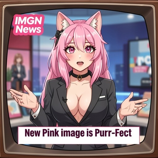 Anime girl with pink hair and cat ears in a black suit presenting news on a TV screen.