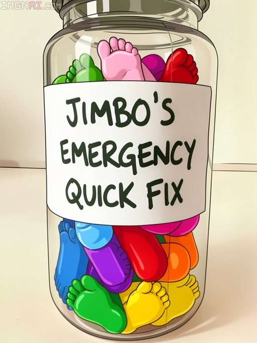 A glass jar labeled Jimbo's Emergency Quick Fix filled with colorful gummy-style human feet in green, pink, red, blue, purple, orange, and yellow.