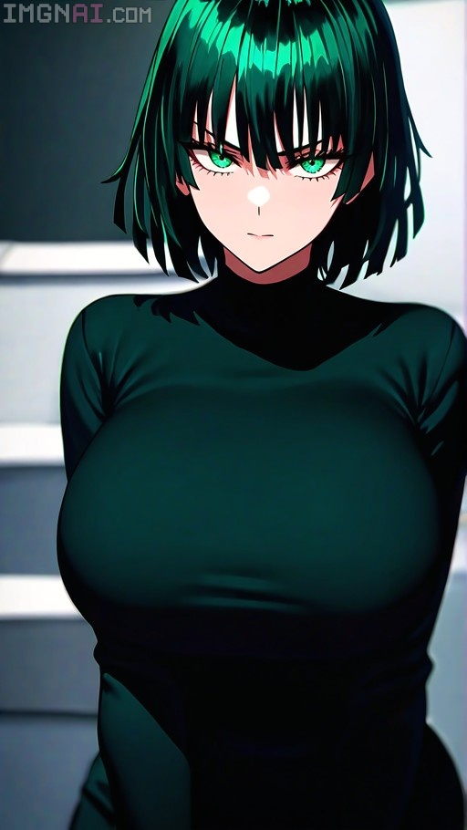Fubuki from One-Punch Man with short green hair and green eyes wearing a dark green turtleneck dress.
