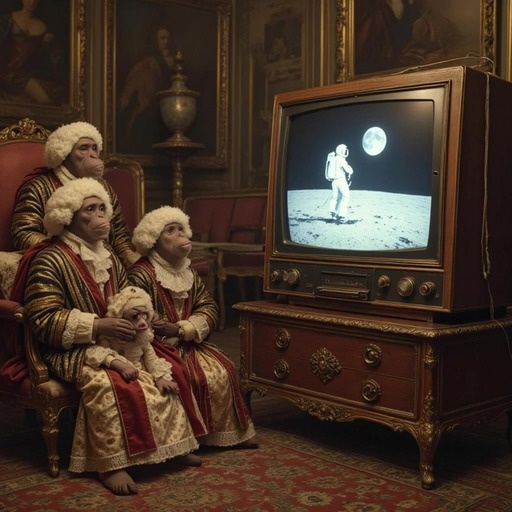 A group of monkeys in 18th-century aristocratic clothing watching a vintage TV showing an astronaut on the moon and reacting to a drawing.
