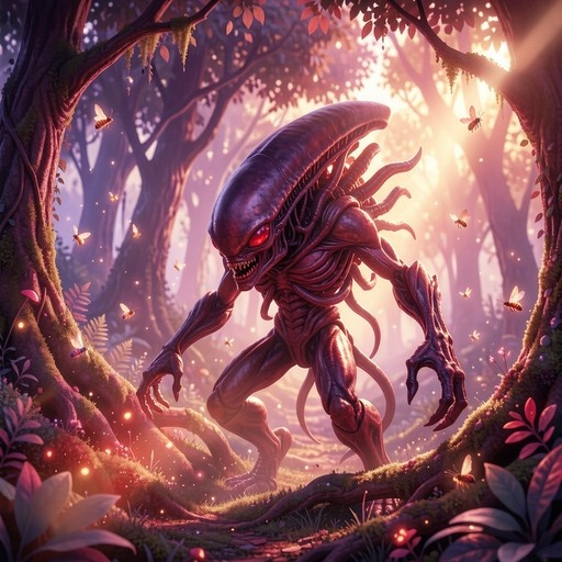 A menacing alien monster with glowing red eyes stands in a sunlit forest surrounded by butterflies and magical lights.