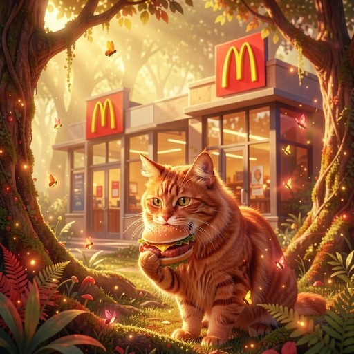 An orange tabby cat holding a cheeseburger in its paws stands on grass in front of a McDonald's restaurant surrounded by trees and glowing lights.