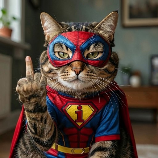 A tabby cat wearing a red and blue superhero mask and costume with an 'i' emblem raises its paw to show the middle finger.