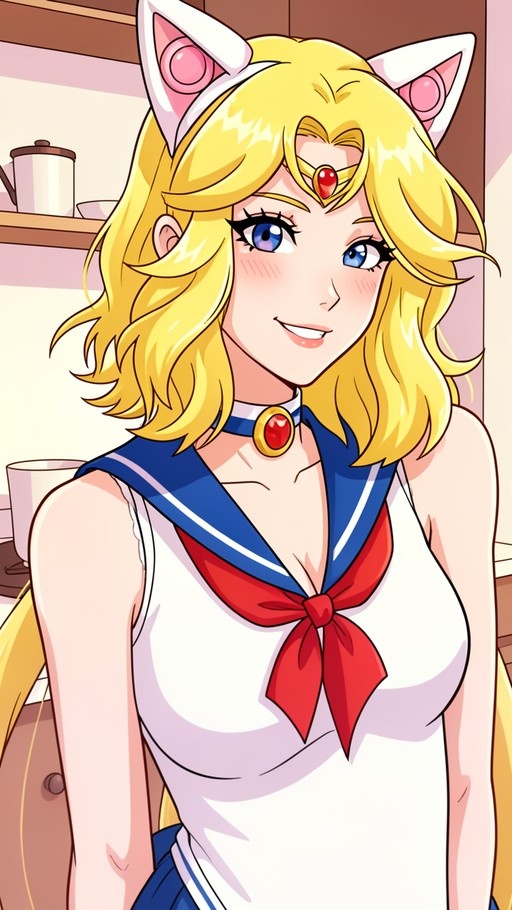 A smiling anime character with blonde hair and blue eyes wearing a white sailor outfit, red bow, and white cat ears.