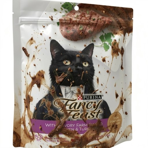 A pouch of Purina Fancy Feast wet cat food featuring a black cat in a tuxedo with sauce splatters.