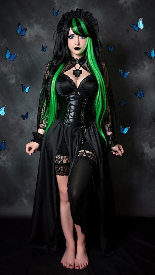 A woman with long black and green hair wearing a black gothic dress and corset stands barefoot surrounded by blue butterflies.