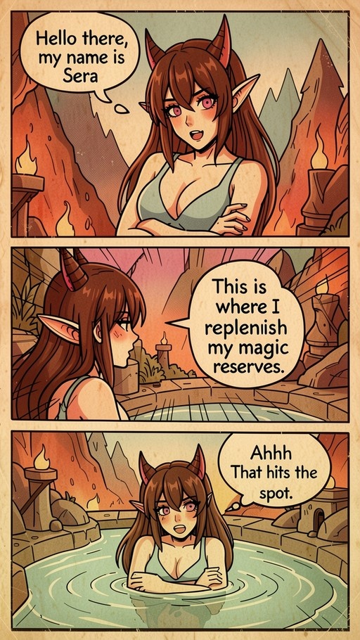 A three-panel comic strip featuring a brown-haired demon girl named Sera, who introduces herself before relaxing in a hot spring to replenish her magic reserves.
