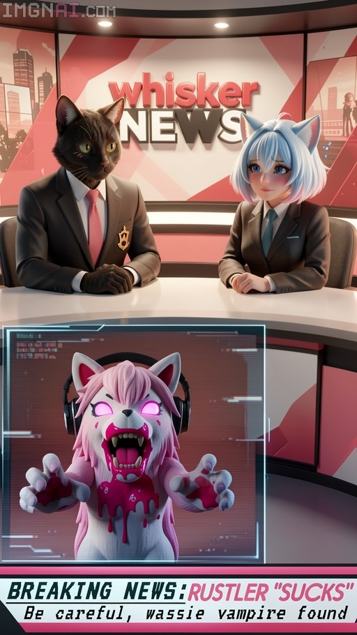 Two anthropomorphic cat news anchors at a desk with a screen showing a pink vampire character named Rustler.