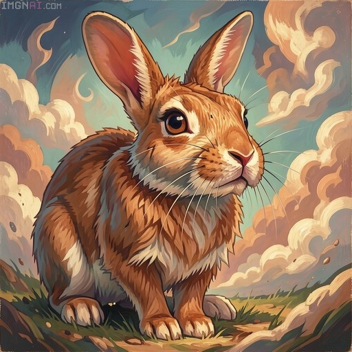 Digital illustration of a colossal brown rabbit standing in grass against a backdrop of swirling orange and blue clouds.
