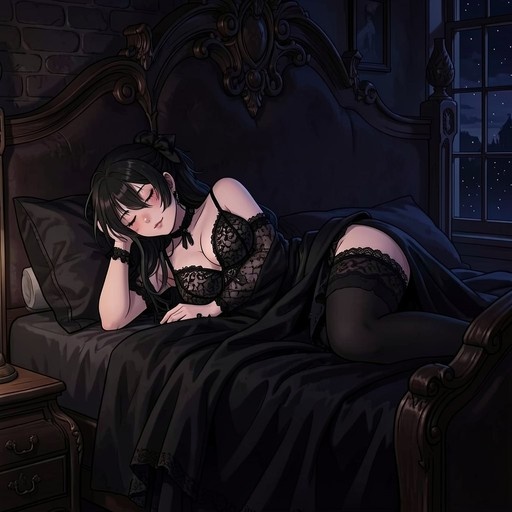 An anime-style illustration of a young woman with long black hair sleeping on her side in a bed, wearing black lace lingerie and stockings, with a window showing a starry night sky in the background.