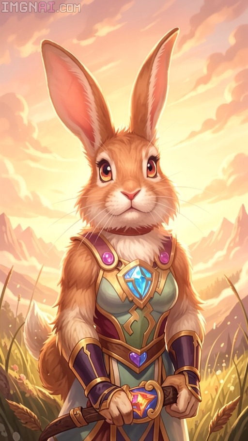 A female rabbit character with orange fur and long ears stands in a grassy field wearing ornate fantasy armor with blue and purple gems while holding a weapon against a golden sunset sky.