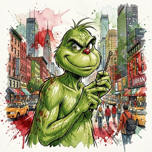 A digital watercolor illustration of The Grinch standing on a busy city street with yellow taxis and red splatters around him.