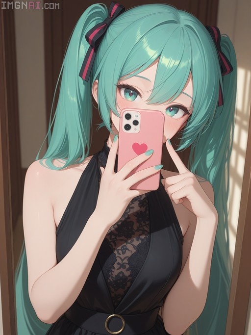 Hatsune Miku taking a mirror selfie in a black halter dress with lace details, holding a pink smartphone.