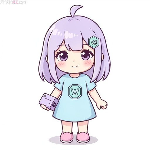 Chibi anime girl with lavender hair and an antenna ahoge wearing a blue dress with a W logo, holding a purple handheld game console.