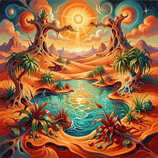 A colorful painting of a desert oasis with twisted trees framing a pool of blue water under a swirling orange and blue sky.