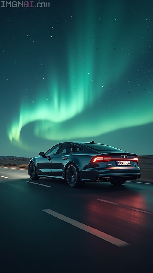 A dark silver Audi A7 driving on a highway at night with bright green aurora borealis in the starry sky above