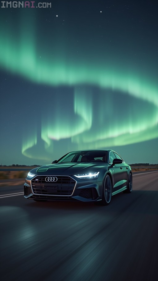 A dark silver Audi A7 speeding down a road at night under a vibrant green aurora borealis.