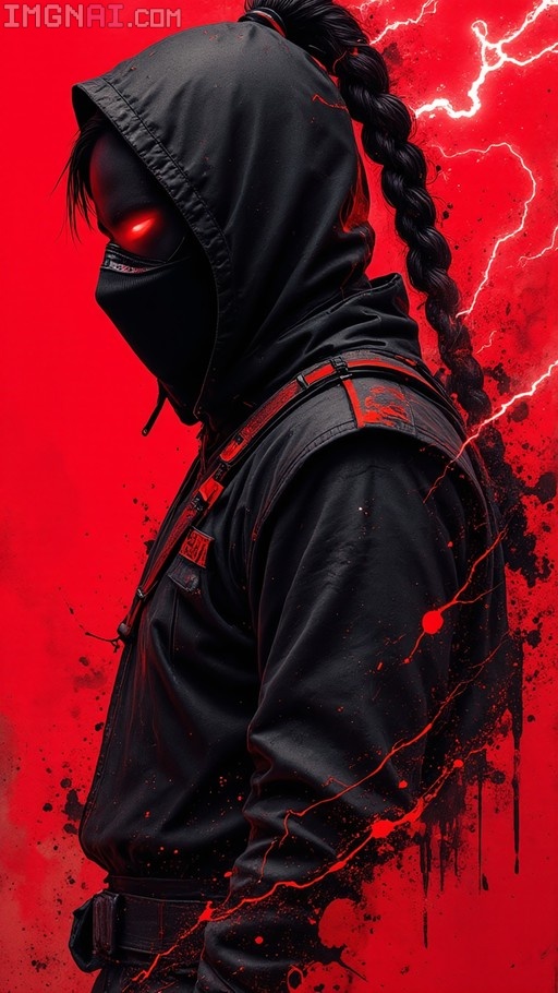 A side view of a masked cyber-ninja with glowing red eyes and a long black braid against a red background with white lightning.