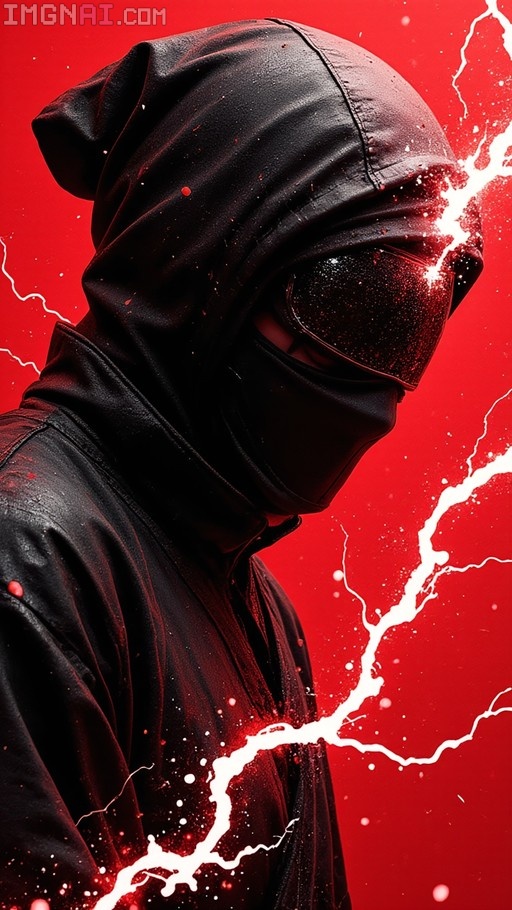 A masked cyber-ninja in a black hood stands against a red background with white lightning effects.