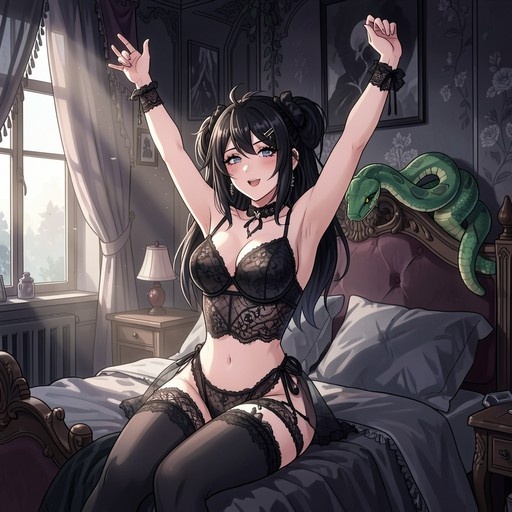 An anime-style illustration of a smiling woman with black hair in twin buns sitting on a bed in black lace lingerie and raising her arms, while a large green snake coils around the headboard behind her.