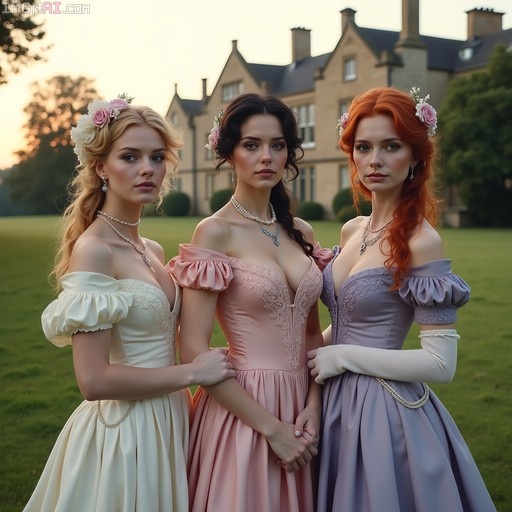 Three women in Regency-era pastel gowns standing on a lawn with a manor house behind them.