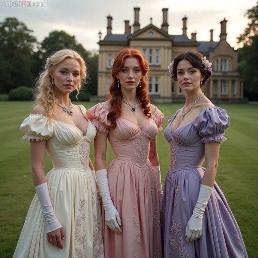 Three women wearing cream, pink, and lavender Regency-era empire waist gowns stand side-by-side on a green lawn in front of a large manor house.